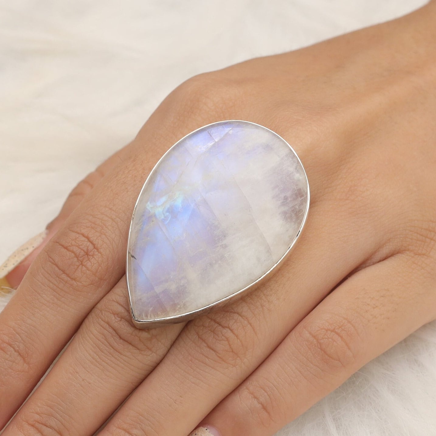 Rainbow Moonstone Ring, 925 Sterling Silver Ring, June Birthstone Ring, Big Pear Shaped Ring, Handmade Jewelry, Women Ring, Gift for Her