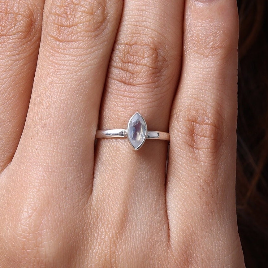 Rainbow Moonstone Ring, 925 Sterling Silver Ring, June Birthstone Ring, Marquise Shaped Ring, Handmade Silver Jewelry, Boho Minimalist Ring