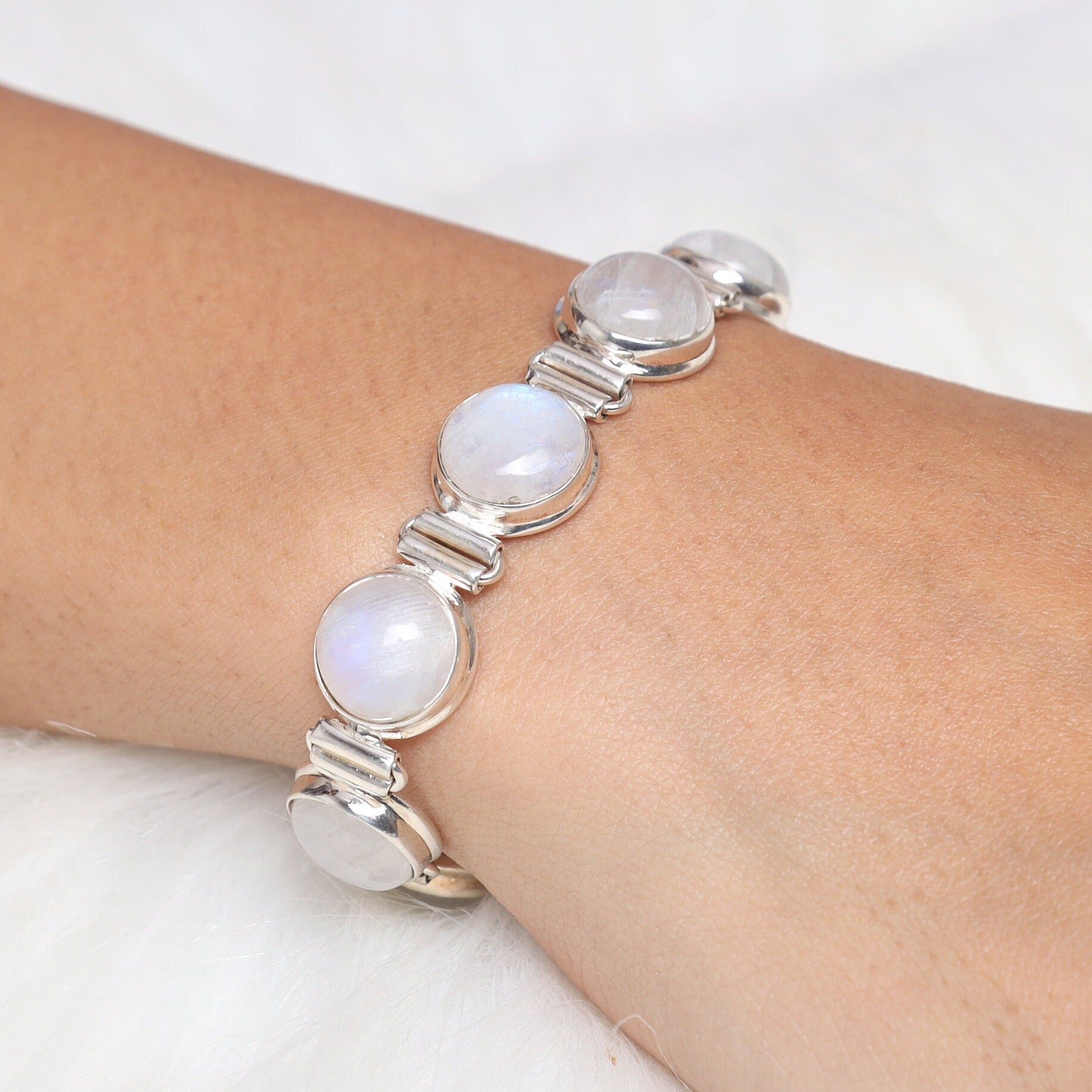 Rainbow Moonstone Bracelet, 925 Sterling Silver Bracelet, June Birthstone, Round Gemstone Bracelet, Handmade Jewelry, Wedding Gift for Her
