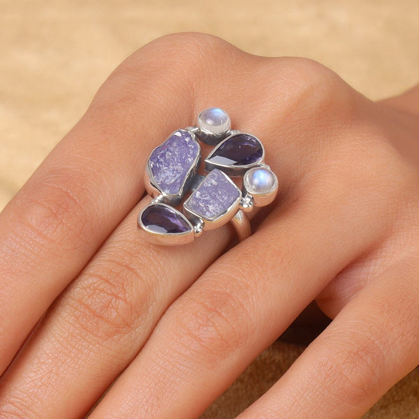 Amethyst Ring, Rainbow Moonstone Ring, Rough Gemstone Ring, Sterling Silver Ring, Statement Ring, Pear Cut Stone Ring, Boho Ring, Stone Ring