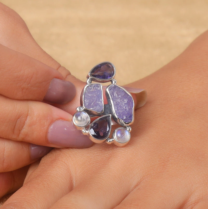 Amethyst Ring, Rainbow Moonstone Ring, Rough Gemstone Ring, Sterling Silver Ring, Statement Ring, Pear Cut Stone Ring, Boho Ring, Stone Ring