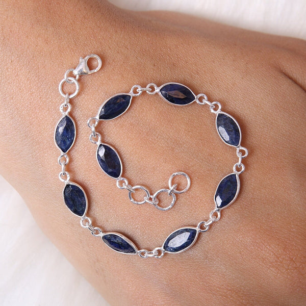 Natural Blue Sapphire Bracelet, 925 Sterling Silver Bracelet, Cut Gemstone Bracelet, Women Silver Jewelry, Adjustable Handmade Bracelet