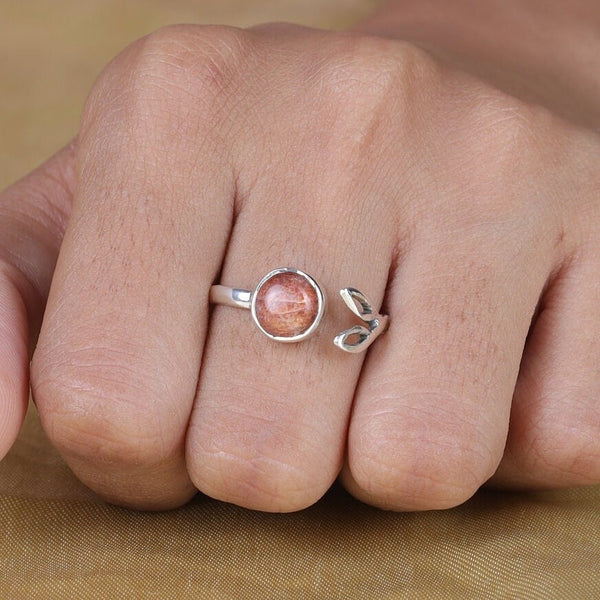 Sunstone Ring, 925 Sterling Silver Ring, Round Gemstone Ring, Leaf Sunstone Ring, Minimalist Jewelry, Boho Ring, Handmade Ring, Gift for Her