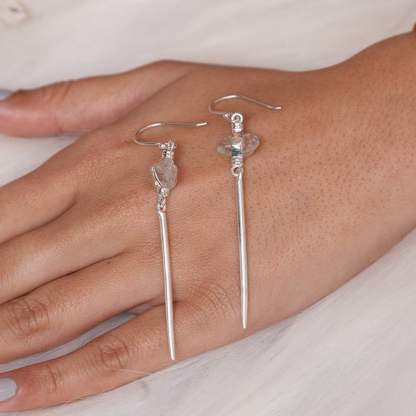 Raw Herkimer Diamond Earrings, 925 Sterling Silver Earrings, Large Silver Earrings, Herkimer Gemstone Earrings, Handmade Jewelry Earrings