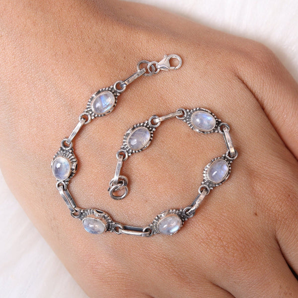 Rainbow Moonstone Bracelet, 925 Solid Sterling Silver Bracelet, June Birthstone Bracelet, Oval Gemstone Bracelet, Healing Crystal Jewelry