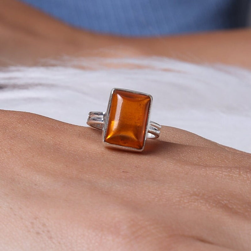 Amber Ring, 925 Sterling Silver Ring, Rectangular Shaped Ring, Gemstone Ring, Handmade Jewelry Ring, Women Silver Ring, Anniversary Gifts