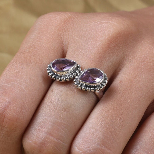 Amethyst Ring, 925 Sterling Silver Ring, Boho Ring, Double Stone Ring, Statement Ring, February Birthstone Ring, Gemstone Ring, Gift for Her