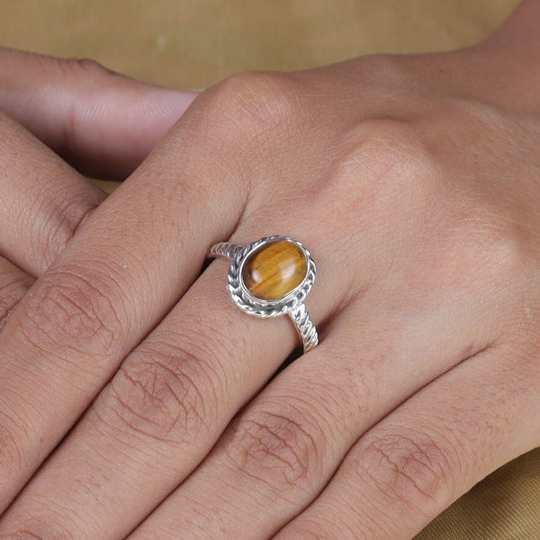 Tiger Eye Ring, 925 Sterling Silver Ring, Oval Shape Ring, Cabochon Stone Ring, Boho Ring, Solitaire Ring, Handmade Jewelry, Gift for Women
