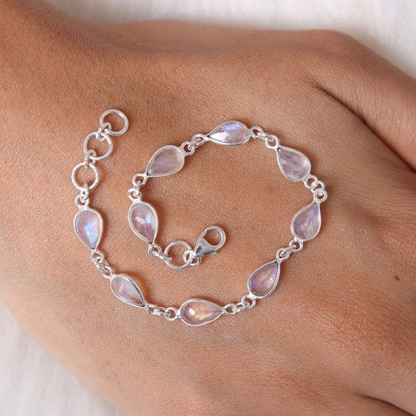 Rainbow Moonstone Bracelet, 925 Sterling Silver Bracelet, June Birthstone Bracelet, Pear Gemstone Bracelet, Handmade Jewelry, Gift for Her
