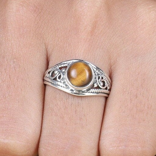 Tiger Eye Ring, 925 Sterling Silver Ring, Natural Gemstone Ring, Handmade Ring, Round Stone Ring, Crystal Ring, Personalized Gift for Women