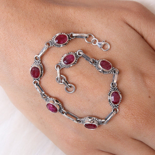 Ruby Bracelet, 925 Sterling Silver Bracelet, Faceted Gemstone Bracelet, July Birthstone Bracelet, Handmade Jewelry, Wedding Gift for Wife