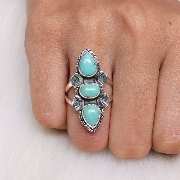 Turquoise Ring, 925 Sterling Silver Ring, Triple Gemstone Ring, Statement Ring, Women Ring, Boho Handmade Jewelry, Anniversary Gift for Her