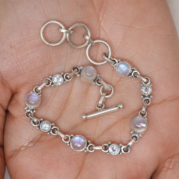 Rainbow Moonstone & Blue Topaz Bracelet, 925 Sterling Silver Bracelet, Gemstone Bracelet, Handmade Silver Jewelry, Bracelet for Women