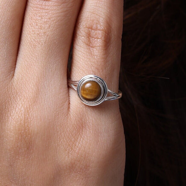 Tiger Eye Ring, 925 Sterling Silver Ring, Round Shape Ring, Gemstone Ring, Healing Crystal Jewelry, Women Silver Ring, Best Friend Gift Ring