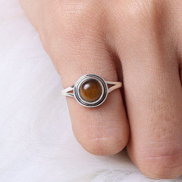Tiger Eye Ring, 925 Sterling Silver Ring, Round Shape Ring, Gemstone Ring, Healing Crystal Jewelry, Women Silver Ring, Best Friend Gift Ring
