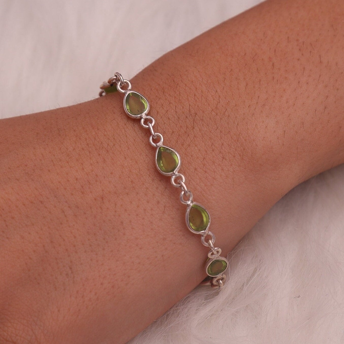 Peridot Bracelet, 925 Sterling Silver Bracelet, Green Gemstone Bracelet, August Birthstone Bracelet, Adjustable Jewelry, Handmade Bracelet