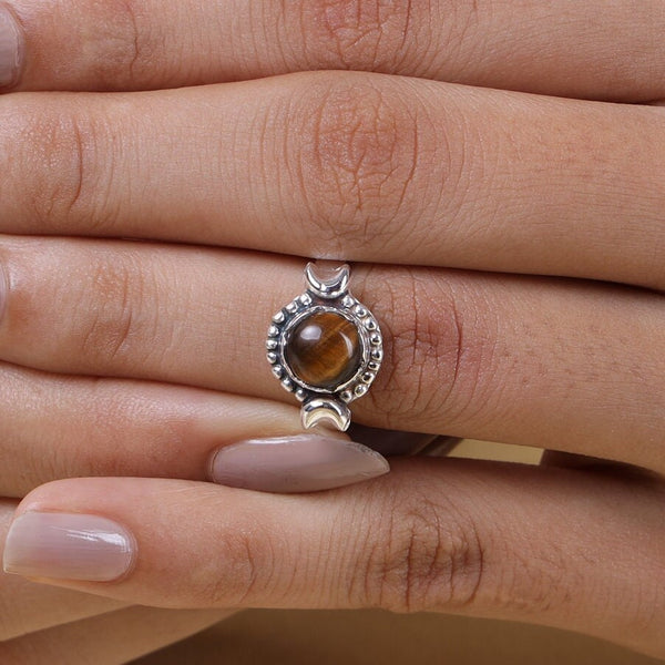 Tiger Eye Ring, 925 Sterling Silver Ring, Round Gemstone Ring, Cabochon Ring, Dainty Ring, Handmade Ring, Boho Ring, Tiger Eye Silver Ring