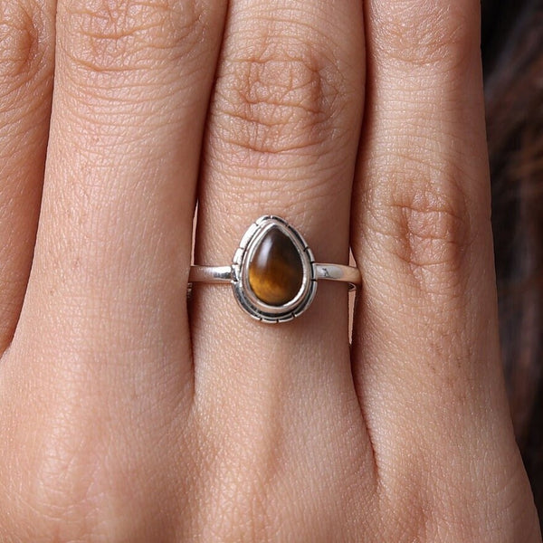 Tiger Eye Ring, 925 Sterling Silver Ring, Pear Shape Ring, Gemstone Silver Jewelry, Boho Handmade Ring, Women Ring, All Ring Size Available