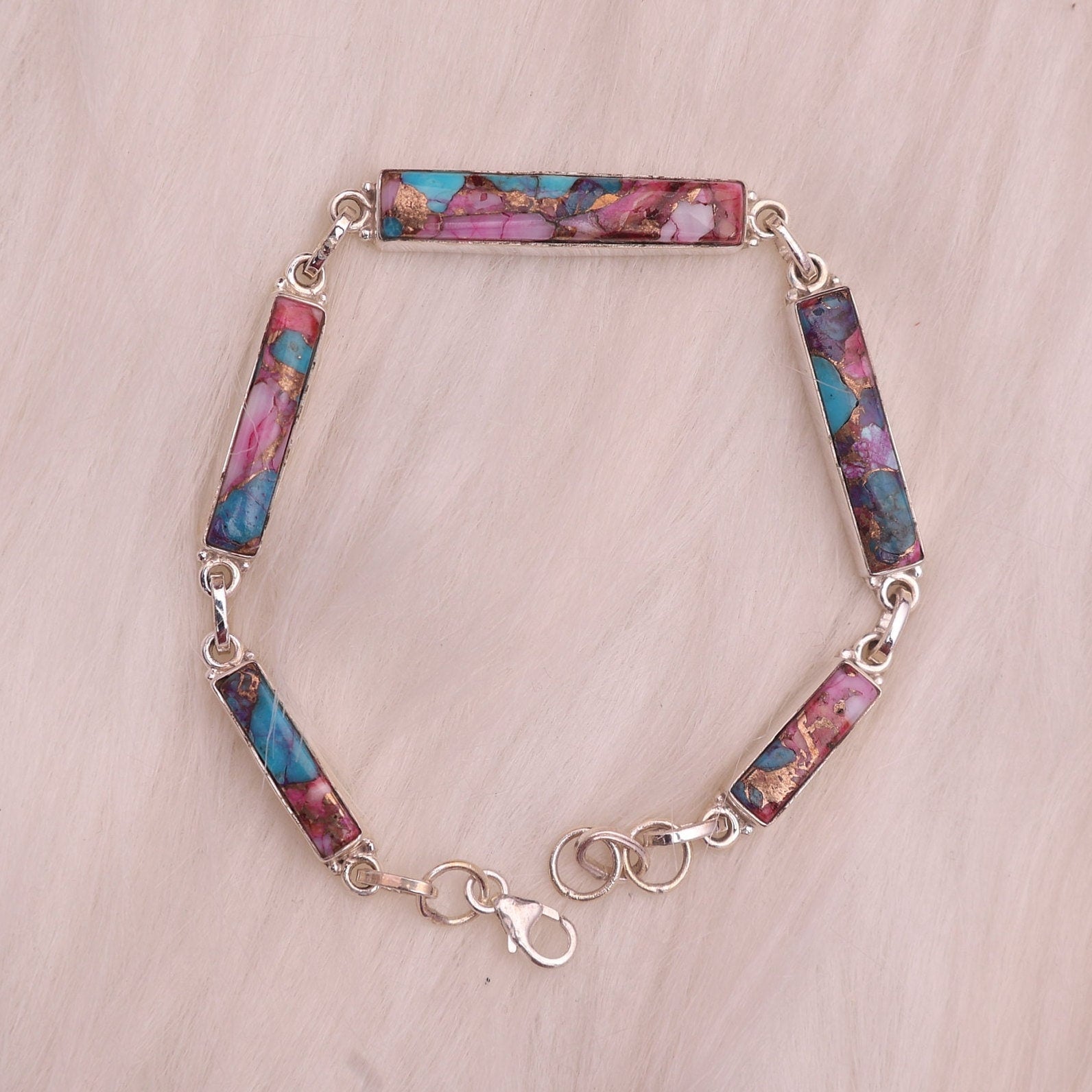 Pink Turquoise Bracelet, 925 Sterling Silver Bracelet, December Birthstone Bracelet, Handmade Silver Jewelry, Adjustable Bracelet
