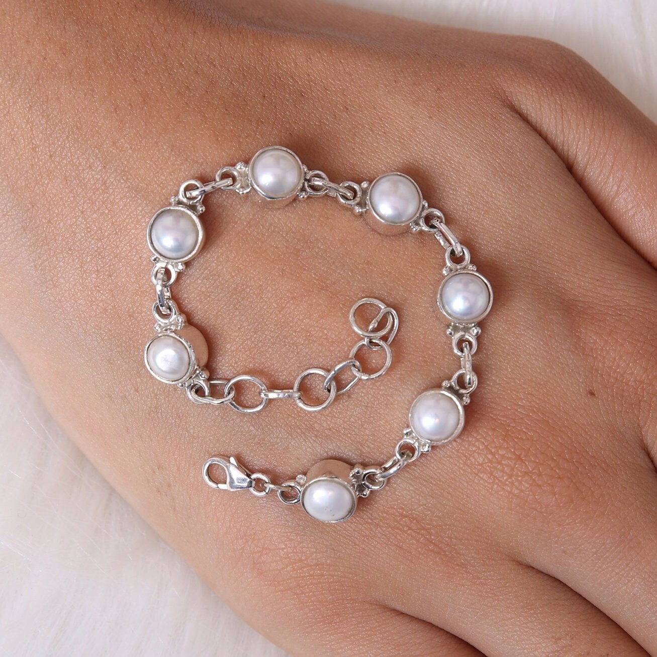 Pearl Bracelet, 925 Sterling Silver Bracelet, June Birthstone Bracelet, Round Gemstone Bracelet, Women Silver Bracelet, Handmade Jewelry