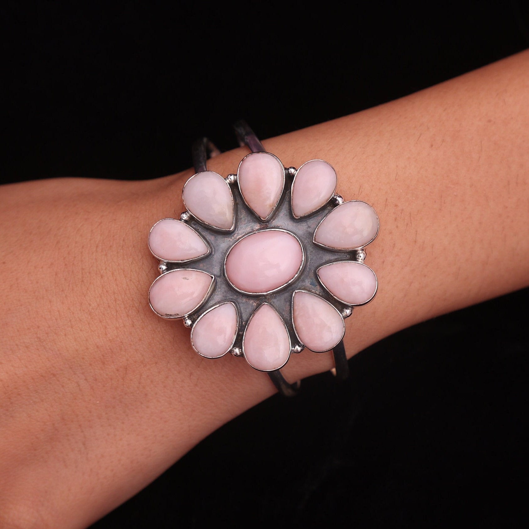 Pink Opal Bracelet, 925 Sterling Silver Bracelet, October Birthstone Bracelet, Flower Shape Bracelet, Statement Jewelry, Adjustable Bracelet