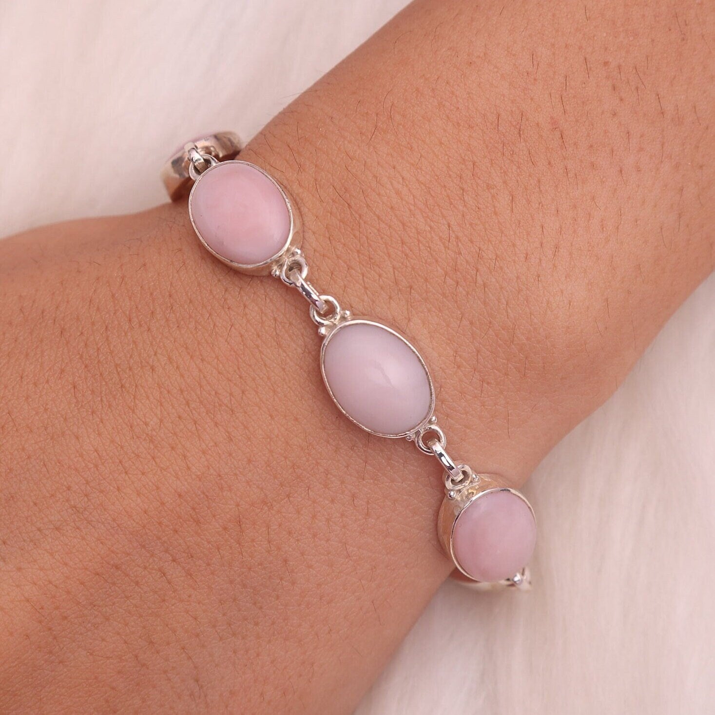 Pink Opal Bracelet, 925 Sterling Silver Bracelet, October Birthstone Bracelet, Handmade Jewelry, Gemstone Silver Bracelet, Gift for Her