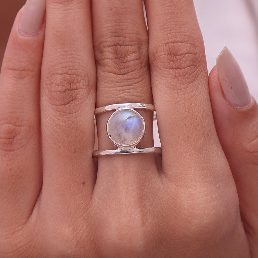Rainbow Moonstone Ring, 925 Sterling Silver Ring, June Birthstone Ring, Blue Fire Gemstone Ring, Halloween Jewellery, Christmas Gift
