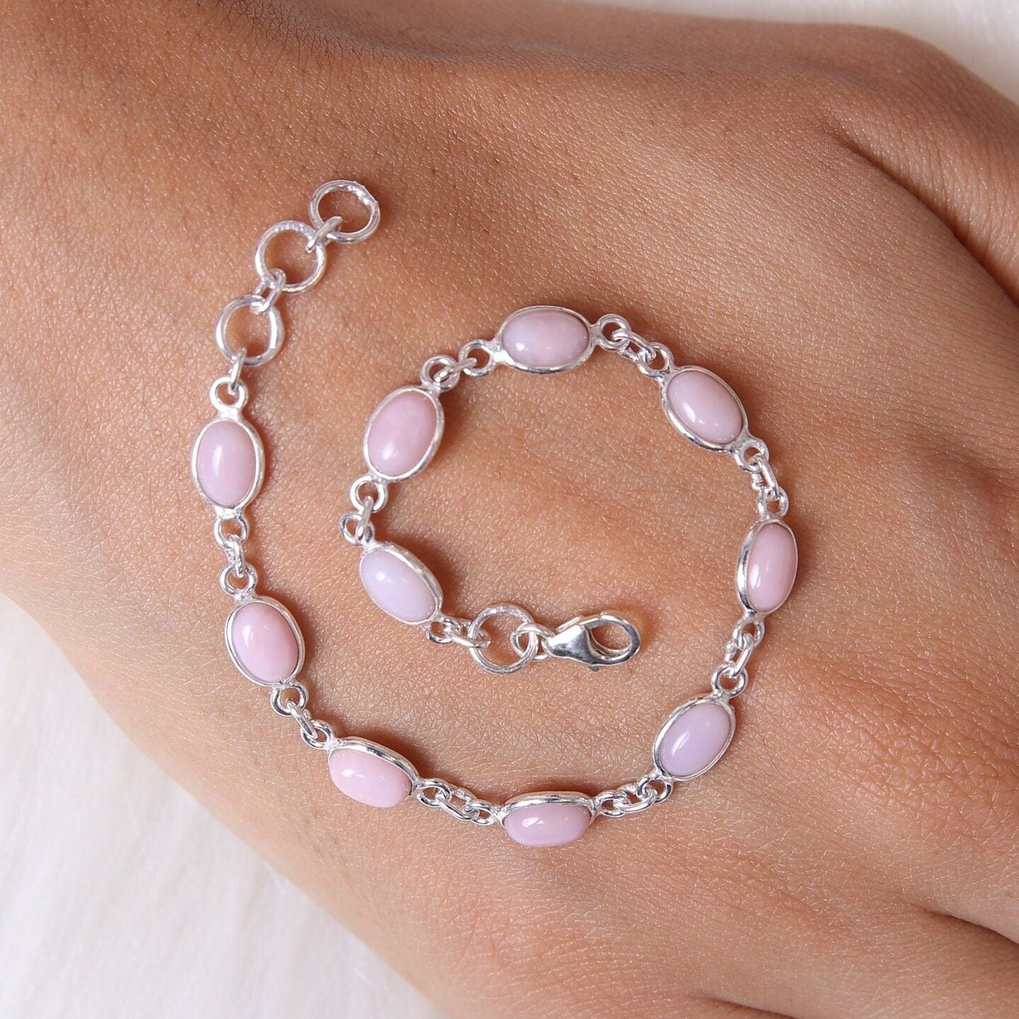 Pink Opal Bracelet, 925 Sterling Silver Bracelet, October Birthstone Bracelet, Minimalist Jewelry, Gemstone Silver Bracelet, Gift for Her