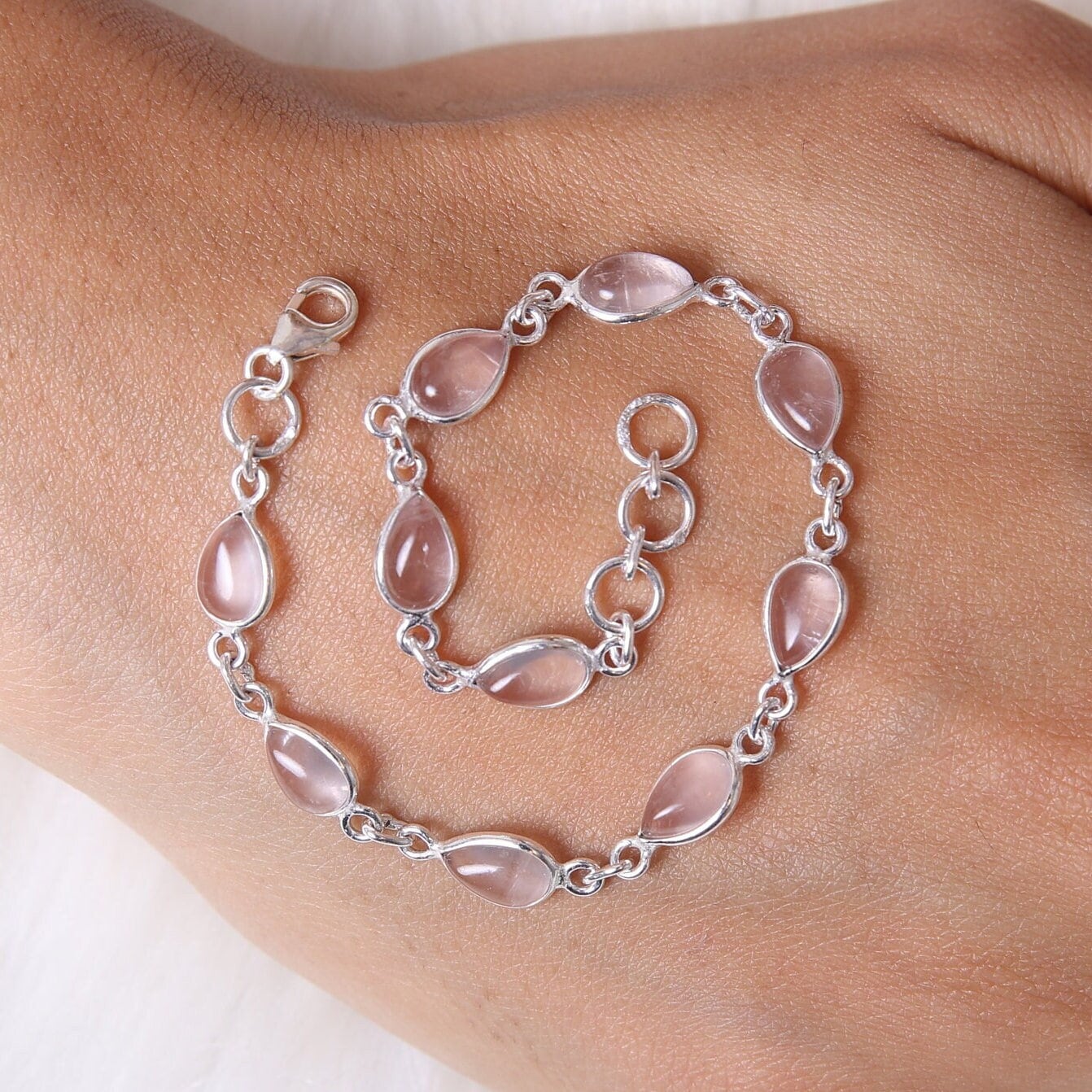 Rose Quartz Bracelet, 925 Sterling Silver Bracelet, January Birthstone, Handmade Gemstone Jewelry, Adjustable Chain Bracelet, Gift for Her
