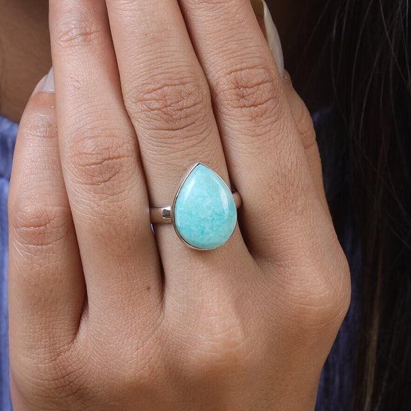 Amazonite Ring, 925 Sterling Silver Ring, Pear Shaped Stone Ring, Blue Gemstone Ring, Boho Ring, Statement Ring, Handmade Ring, Gift for Her