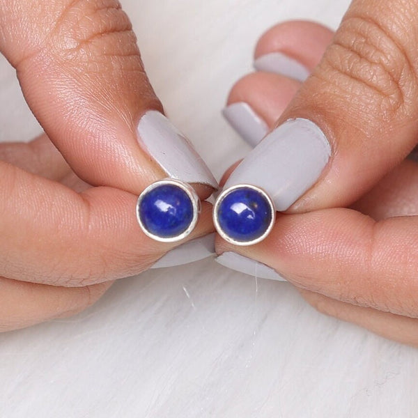 Lapis Lazuli Stud Earrings, 925 Sterling Silver Studs, Gemstone Stud Earrings, Round Lapis Studs, Handmade Jewelry Earrings, Gift for Her
