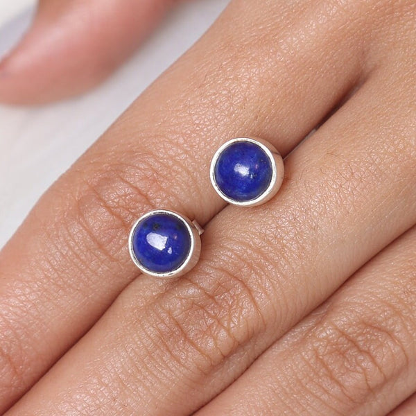 Lapis Lazuli Stud Earrings, 925 Sterling Silver Studs, Gemstone Stud Earrings, Round Lapis Studs, Handmade Jewelry Earrings, Gift for Her
