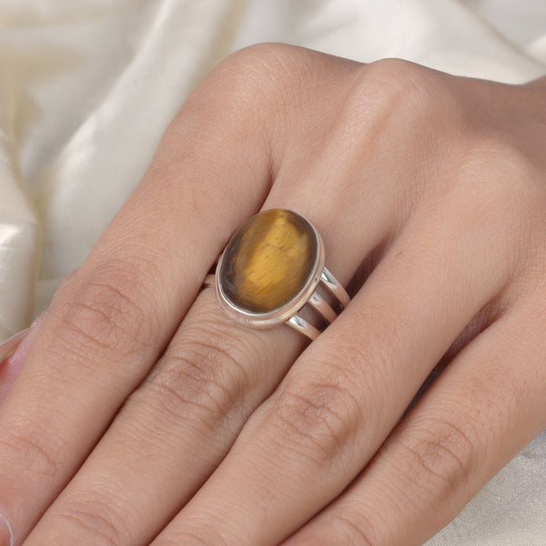 Tiger Eye Ring, Gemstone Ring, Sterling Silver Ring, Statement Ring, Oval Cabochon Ring, 925 Silver Ring for Women, Handmade Ring, Gift