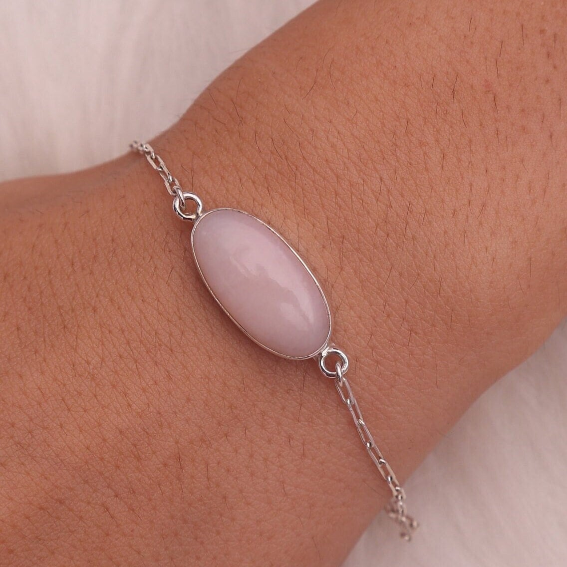 Pink Opal Bracelet, 925 Sterling Silver Bracelet, October Birthstone Bracelet, Minimalist Jewelry, Women Silver Bracelet, Gift for Her