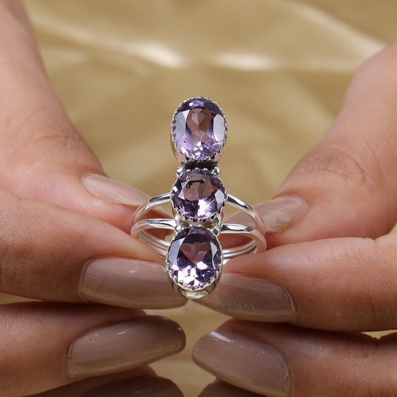 Amethyst Ring, 925 Sterling Silver Ring, Long Ring, Boho Ring, Statement Ring, Crystal Jewelry, Cocktail Ring, Handmade Ring, Ring for Women