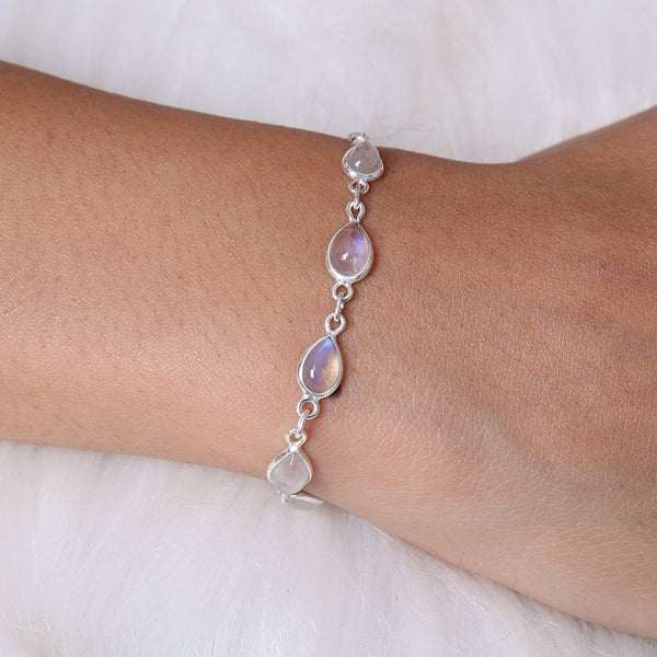 Rainbow Moonstone Bracelet, 925 Sterling Silver Bracelet, Pear Gemstone Bracelet, Adjustable Silver Jewelry, Handmade Bracelet, Gift for Her