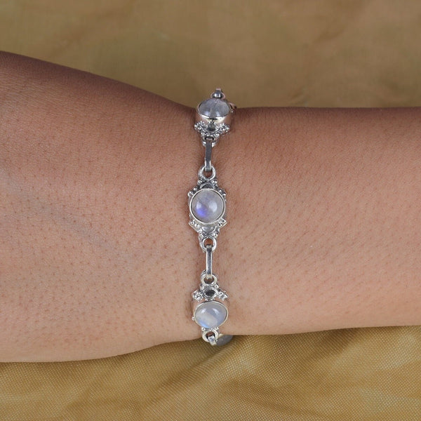 Rainbow Moonstone Bracelet, 925 Sterling Silver Bracelet, Bracelet for Women, Gemstone Bracelet, Bohemian Jewelry, Oval Crystal Bracelet