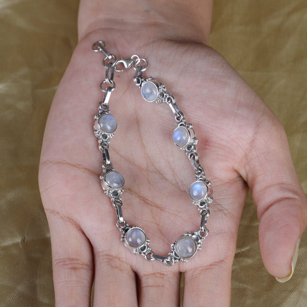 Rainbow Moonstone Bracelet, 925 Sterling Silver Bracelet, Bracelet for Women, Gemstone Bracelet, Bohemian Jewelry, Oval Crystal Bracelet