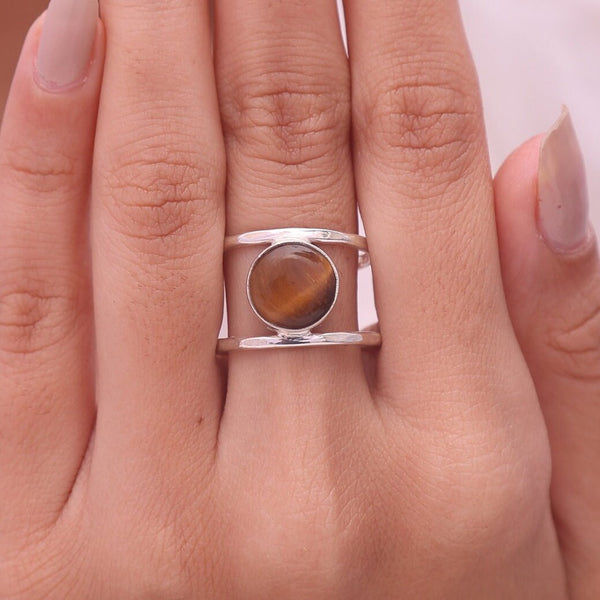 Tiger Eye Ring, 925 Sterling Silver Ring, Round Gemstone Ring, Boho Ring, Cabochon Ring, Handmade Jewelry, Women Ring, Ring For Women