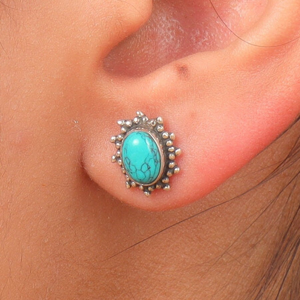 Turquoise Stud Earring, 925 Silver Studs, Boho Stud Earring, Natural Turquoise Studs, Gift for Her, Gemstone Studs, Round Stone Stud Earring