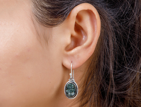 Seraphinite Gemstone Handmade 925 Sterling Silver Earring, Oval Copper Seraphinite Earring, Copper Seraphinite Earring For Halloween