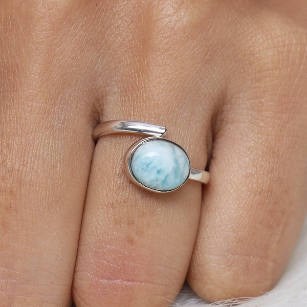 Larimar Ring, 925 Sterling Silver Ring, Oval Gemstone Ring, Adjustable Ring, Handmade Jewelry Ring, Women Silver Ring, Birthday Gift for Her