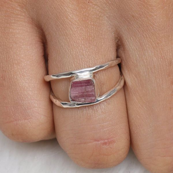 Raw Pink Tourmaline Ring, 925 Sterling Silver Ring, Rough Gemstone Ring, Double Band Ring, Women Silver Ring, Handmade Jewelry Ring