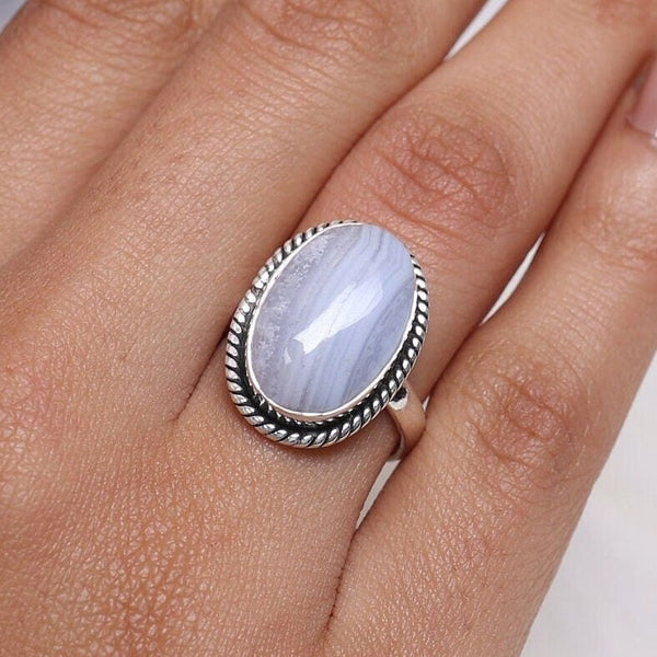 Blue Lace Agate Ring, 925 Solid Sterling Silver Ring, Cabochon Gemstone Ring, Boho Jewelry, Handmade Ring, Ring For Women, Hippie Ring