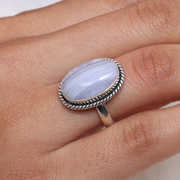 Blue Lace Agate Ring, 925 Solid Sterling Silver Ring, Cabochon Gemstone Ring, Boho Jewelry, Handmade Ring, Ring For Women, Hippie Ring