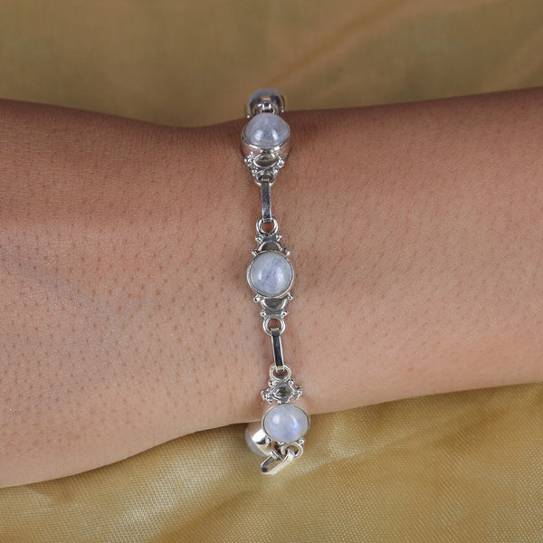 Rainbow Moonstone Bracelet, 925 Sterling Silver Bracelet, Round Gemstone Bracelet, Handmade Bracelet, Women Silver Bracelet, Boho Bracelet