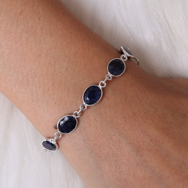 Blue Sapphire Bracelet, 925 Sterling Silver Bracelet, September Birthstone Bracelet, Oval Gemstone Bracelet, Adjustable Silver Bracelet