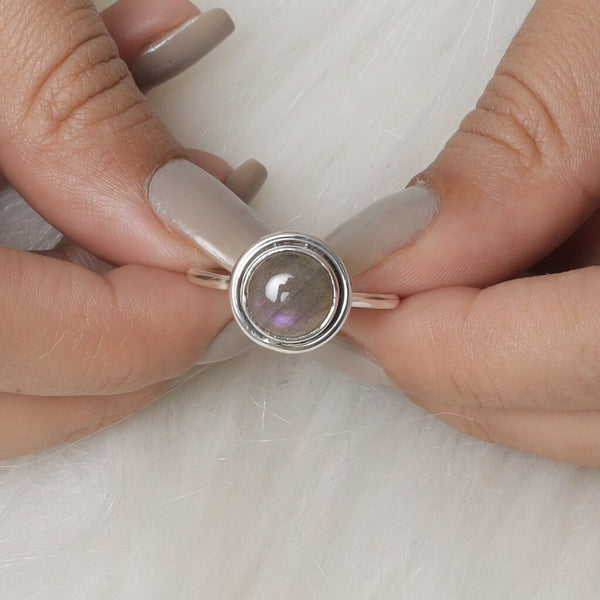 Purple Labradorite Ring, 925 Solid Sterling Silver Ring, Round Gemstone Ring, Eternity Ring, Handmade Silver Jewelry, Wedding Gift for Her