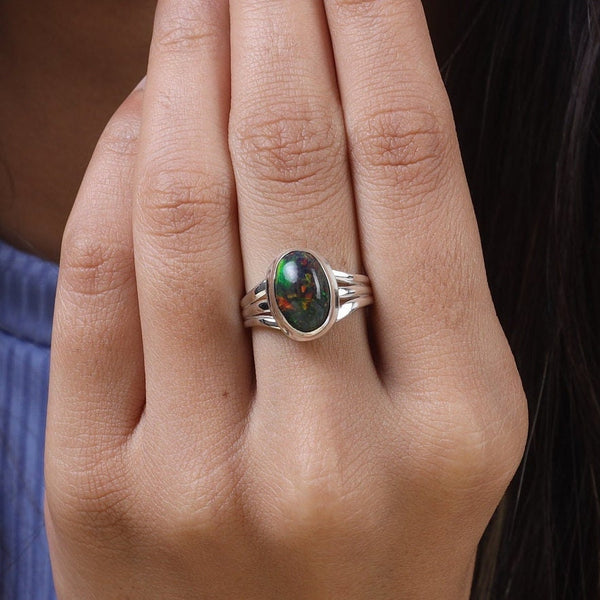 Black Opal Ring, 925 Sterling Silver Ring, Oval Ring, Handmade Ring, Statement Ring, Natural Opal Ring, Women Ring, Gift for Her, Boho Ring