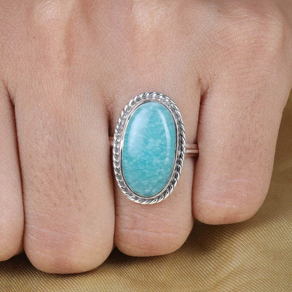 Amazonite Ring, 925 Sterling Silver Ring, Oval Shaped Ring, Gemstone Ring, Statement Ring, Handmade Jewelry, Bohemian Ring, Crystal Ring